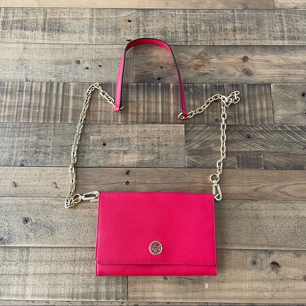 Tory Burch Pink  Red Robinson Leather Wallet On Chain Purse Bag